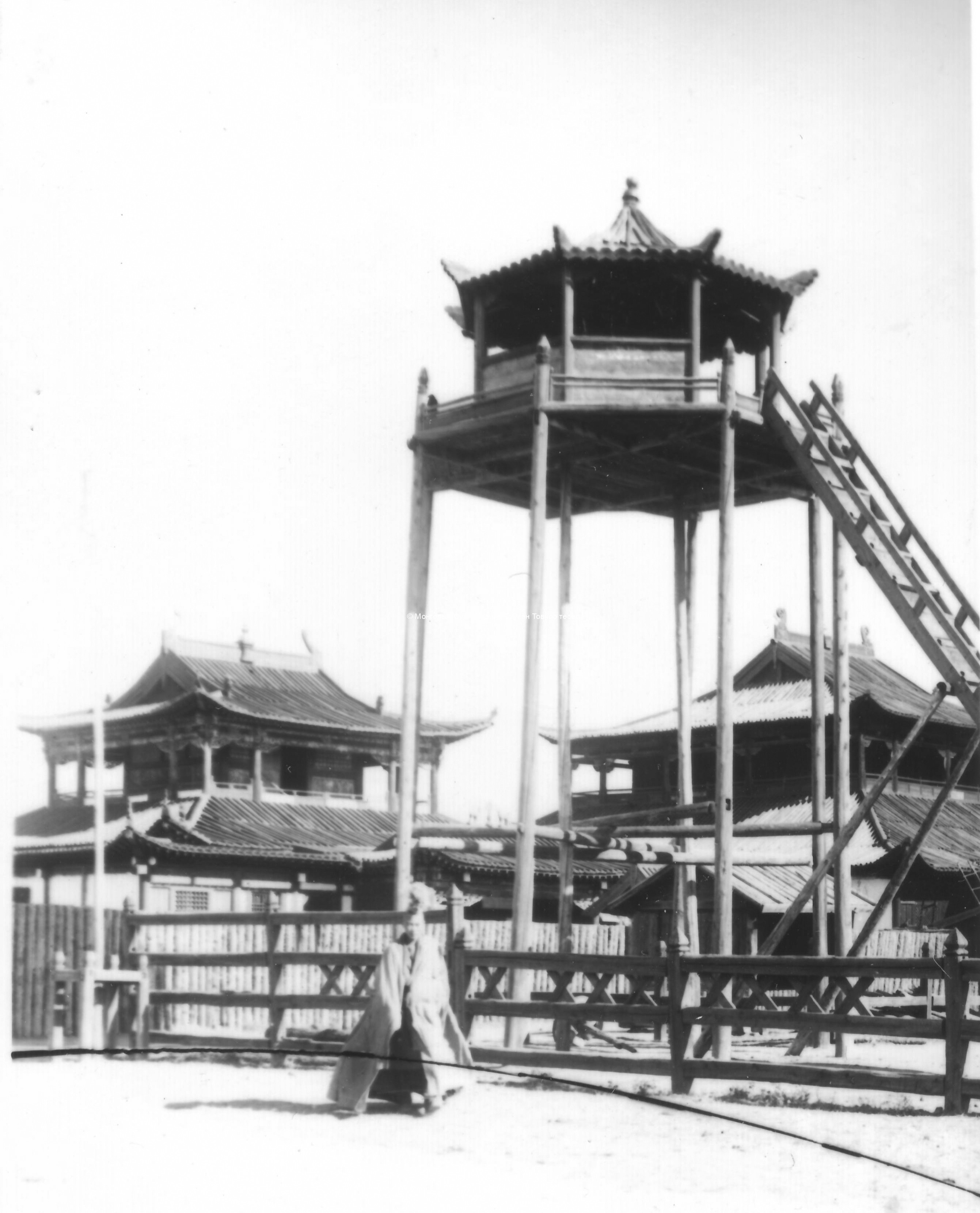 Platform calling monks for ceremonies, and two temple buildings. Film Archives K-23766,  taken by Kondratyev in the 1920s